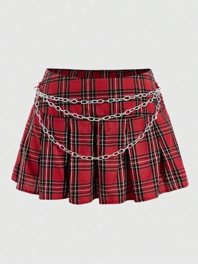 Grunge Punk Plus Size Plaid Pattern Chain Detail Pleated Skirt, School