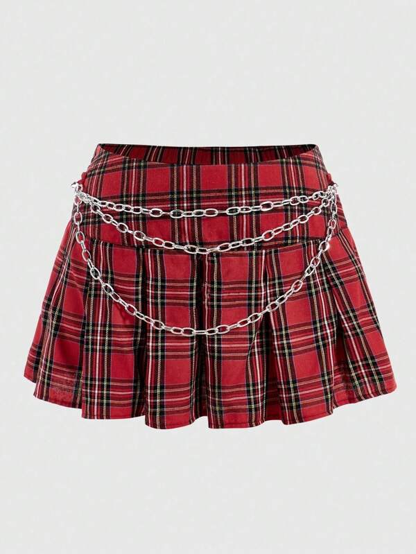 ROMWE Grunge Punk Falda plisada con detalle de cadena de estampado a cuadros talla grande, escolar