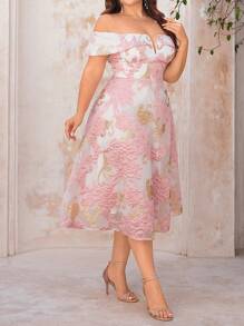 SHEIN Belle Plus Size White Spring Greek Goddess Sparkly Masquerade Party Organza & Satin Gold Thread Embroidery A-Line Dress,Off Shoulder V-Neckline Prom Dress - Multicolor - View 6