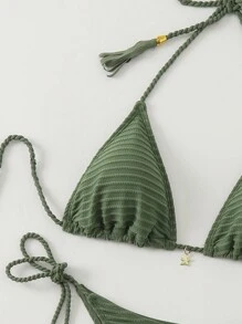 SHEIN Swim Bộ bikini cổ yếm màu trơn, trang phục đi biển mùa hè cho nữ - xanh quân đội - Xem 3