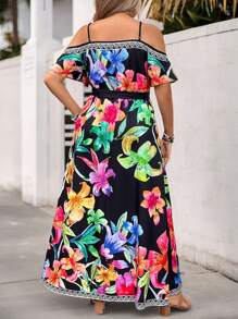 SHEIN VCAY Plus Size Kỳ nghỉ Spaghetti dây đeo lệch vai Áo dài in hình - Nhiều màu - Xem 2