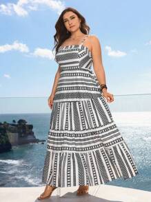 SHEIN Frenchy Plus Size Vacation Striped Splice Long Tank Dress - Black and White - View 6