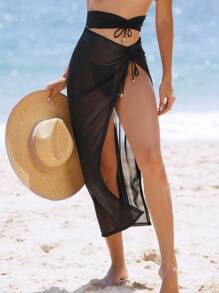 SHEIN Swim Women's Fashionable Solid Color Split Skirt Cover-Up,Summer Beach - Beige - View 4