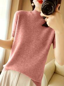 SHEIN Unity Women's Plain And Simple Daily Short Sleeve Sweater - Pink - View 3