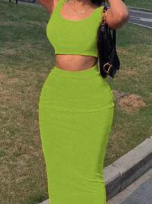 Zolique 女士夏季純色短背心和修身長裙套裝 - 綠色 - 查看 3