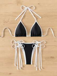 SHEIN Swim Women Color Block Halter Strap Sexy Bikini Set For Vacation Summer