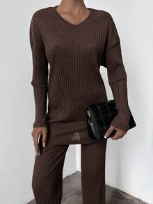 SHEIN Cottnline Ladies' Solid Color Round Neck Long Sleeve T-Shirt And Trousers Two-Piece Set - Brown - View 5