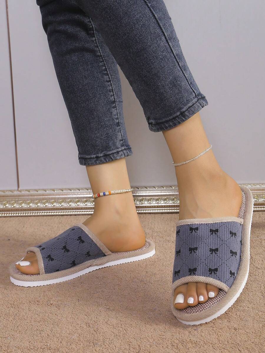 秋冬女士亚麻家居拖鞋，情侣防滑软底室内家居鞋，四季皆宜，适合室内地板，夏季 - 灰色 - 查看 1