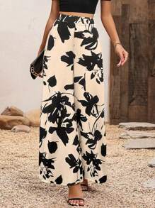 SHEIN Clasi Calças femininas de cintura alta largas de perna longa soltas com estampa de plantas para estilo de férias - Damasco - Visão 1
