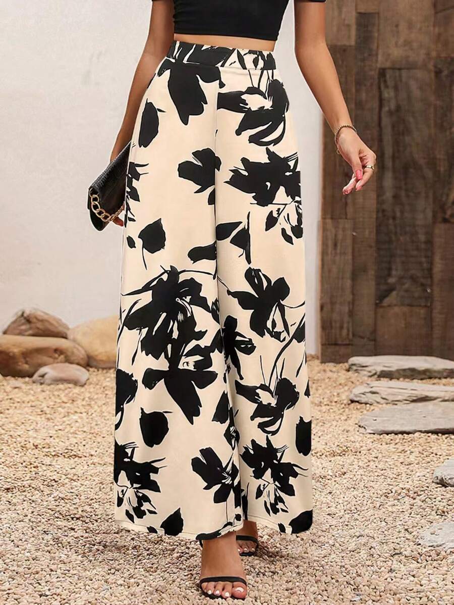 SHEIN Clasi Calças femininas de cintura alta largas de perna longa soltas com estampa de plantas para estilo de férias - Damasco - Visão 1