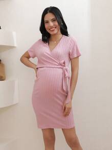 孕婦純色紋理交叉綁帶貼身短袖哺乳裙,適用於夏季 - 粉色 - 查看 1