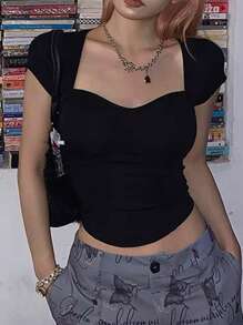 INAWLY Áo thun ngắn tay hở lưng mùa hè cơ bản màu đen dành cho nữ - màu đen - Xem 3