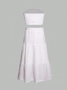 Teen Girl Solid Tube Top And Maxi Skirt 2-Piece Set - White - View 2