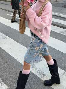 Quần short denim họa tiết hoa vintage Y2K Street, túi xéo, viền thô, thích hợp cho kỳ nghỉ hè. - Màu xanh lam - Xem 3