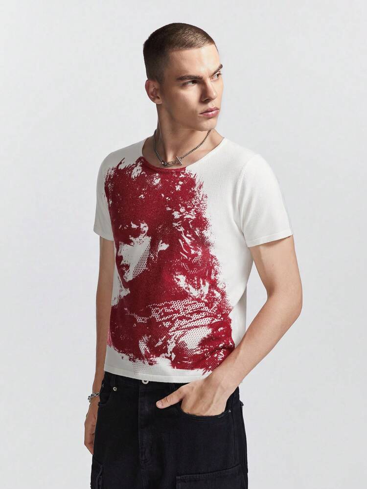 Men's Summer Fashionable Color Blocking Character Printed Short Sleeve Knitwear