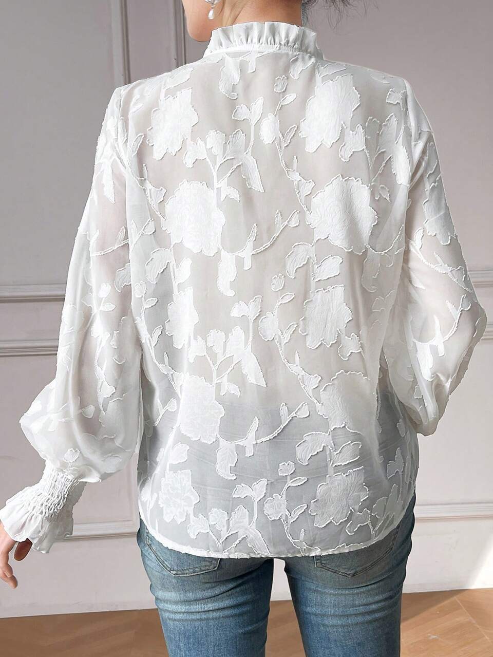 Women's Solid Color Ribbon Tie Casual Long Sleeve Shirt With Ruffle Hem