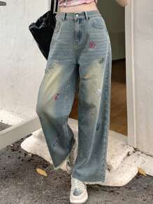 DAZY Ladies' Cherry Printed Loose Fit Straight Leg Denim Jeans With Raw Hem Pockets,Back To School Clothes - Light Wash - View 6