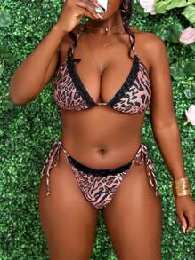 SHEIN Slayr Ladies' Leopard Print Halter Neck Tie Sexy Bikini Set, Holiday Summer - Brown - View 6