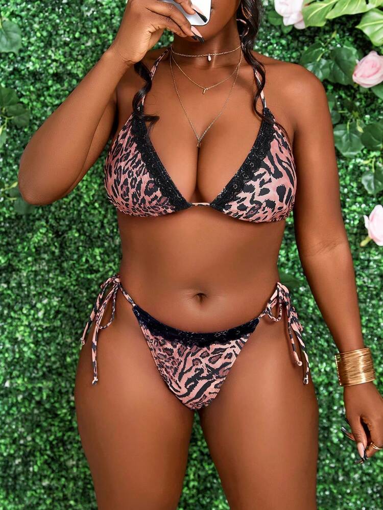 Ladies' Leopard Print Halter Neck Tie Sexy Bikini Set, Holiday Summer