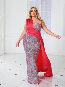 Plus Size Rose Red Ribbon Dress - Hot Pink - View 4