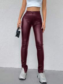 EURMUSE Split Hem PU Pants - Burgundy - View 3