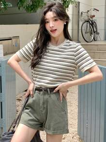 DAZY 女士條紋印花圓領短袖休閒T恤，夏季款