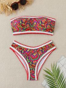 Women's Summer Beach Plant Print Bandeau Sexy Bikini Set, Random Print - Multicolor - View 1