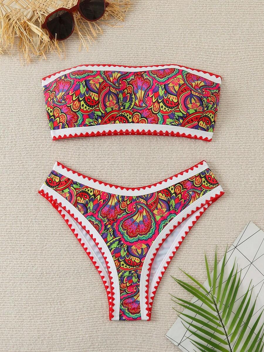 Women's Summer Beach Plant Print Bandeau Sexy Bikini Set, Random Print - Multicolor - View 1