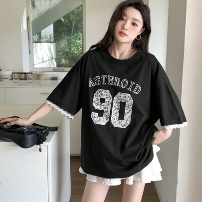 여성용 여름 레터 프린트 라운드 넥 캐주얼 캐주얼 드롭 숄더 슬리브 오버사이즈 티셔츠 프레피 탑스