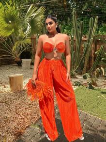 SHEIN SXY Conjunto de 2 piezas para el verano: Top sin tirantes naranja con escote y pantalones anchos naranja para vacaciones en la playa, ropa de mujer - Naranja Quemada - Ver 1
