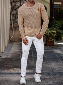 Manfinity Homme Suéter casual de manga larga para hombre con cuello redondo, bolsillo y tejido transparente - Caqui - Ver 6