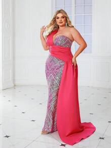 Plus Size Rose Red Ribbon Dress - Hot Pink - View 3