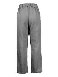 Plus Size Solid Color Elastic Waist Straight Leg Gray Casual Pants, Suitable For Spring/Summer Daily Wear - Grey - View 3