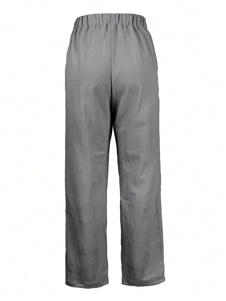 大码纯色弹力腰直筒灰色休闲裤，适合春夏日常穿着 - 灰色 - 查看 3