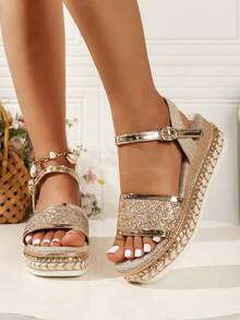 Damskie sandały na koturnie z okrągłym noskiem, zapięcie na rzep, platforma z grubą liną, klasyczne szpilki na grubym obcasie, wygodne codzienne klapki typu mule