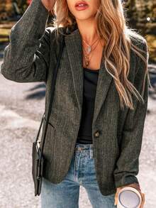 Fashionable Casual Solid Color Front Button Lapel Long Sleeve Blazer, Suitable For Daily Commute - Brown - View 3