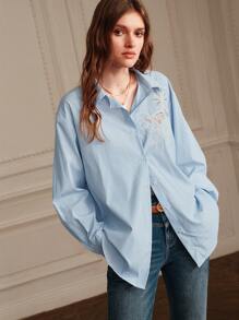 Anewsta Blue Striped Casual Casual Hollow Out Burnt-Out Embroidery Turn-Down Collar Long Sleeve Shirt