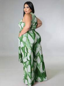 大碼女士印花簡約日常領口連身褲 - 綠色 - 查看 2