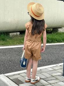 Mono tejido de estilo coreano con tirantes, cierre de botones, cintura con correa y cierre de cremallera oculto para niña joven, primavera/verano - Marrón - Ver 2