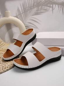 Women's Fashionable White Metal Buckle Decor Wedge Platform Sandals, Hollow-Out Peep Toe Design, Reinforced Stitching, Soft Anti-Slip Soles, Casual Versatile Style