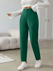 EURMUSE Solid Color High Waist Long Pants - Green - View 4