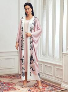 MOTF PREMIUM CASACO FLORAL DE MANGA BARRA EM BLOCO DE COR E VESTIDO DE CINTURA DE PÉROLAS FALSAS E BARDA FLARE - Rosa empoeirado - Visão 2