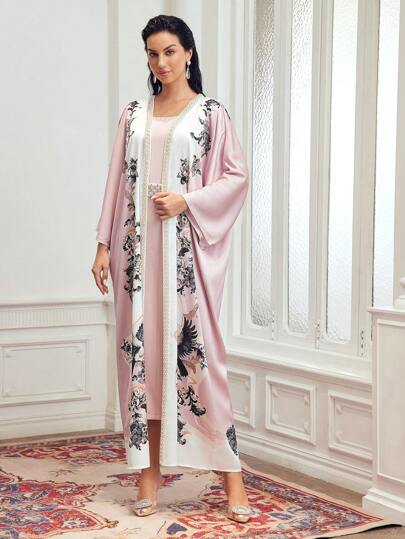 MOTF PREMIUM معطف بأكمام جرس بيضاء ملونة مطبوع عليها زهور وفستان بخصر من اللؤلؤ الصناعي وتنورة واسعة على الخصر