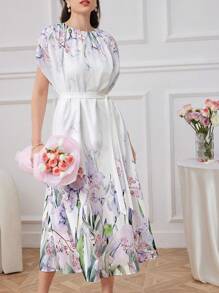 Seusyu 女士優雅花卉印花蝙蝠袖夏季連衣裙 - 白色 - 查看 8