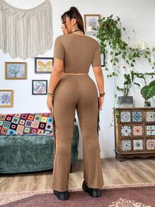 Flirla Plus Size Áo dệt kim tay ngắn khoét rỗng và quần dài tua rua 2 cái/bộ - màu nâu - Xem 5