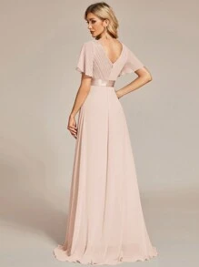 EVERPRETTY Elegant V-Neck Ruffle Butterfly Sleeve Champagne Bridesmaid Dress, Wedding Guest Dress, Spring/Summer Formal Dress For Wedding, Birthday Party, Graduation - Champagne - View 7