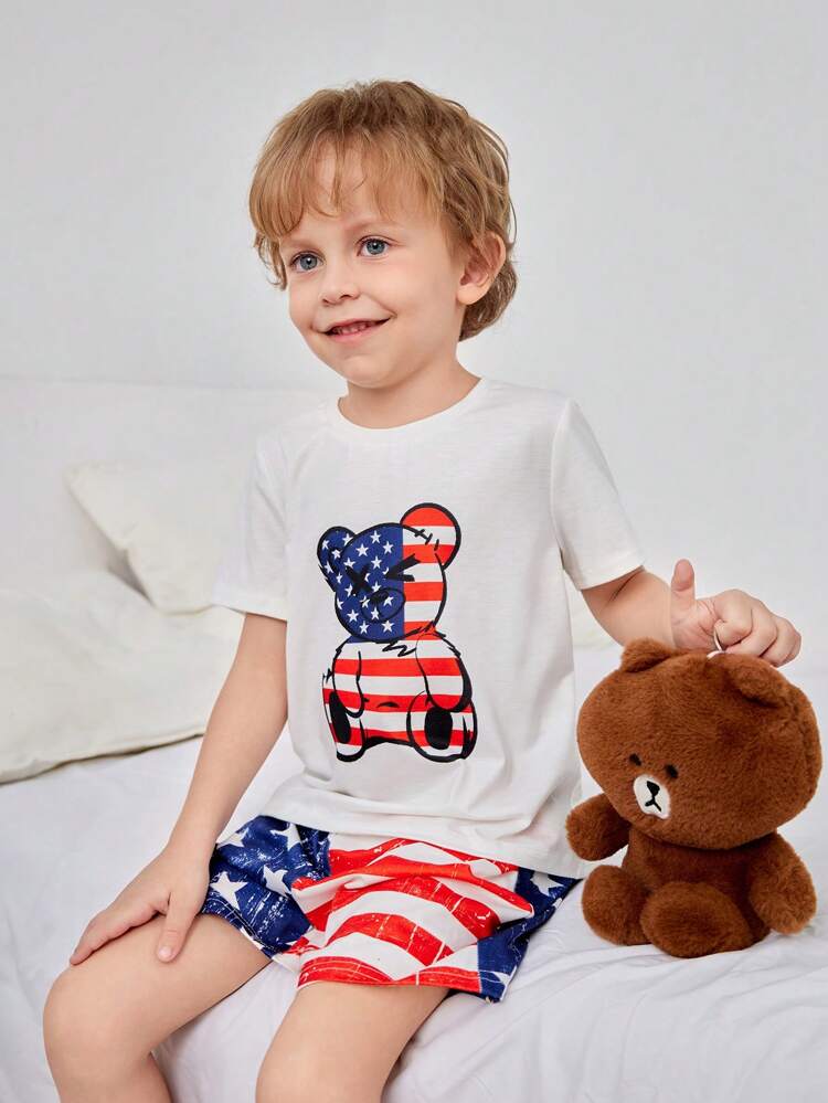 Young Boy American Independence Day Flag Theme Short Sleeve And Shorts Knit Flame Resistant Pajamas Set With Teddy Bear Print, Summer