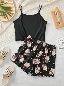 SHEIN Teen Girl Cute And Simple Popcorn Patterned Tank Top And Shorts Knitted Flame Retardant Home Sleepwear Set, Summer - Multicolor - View 2