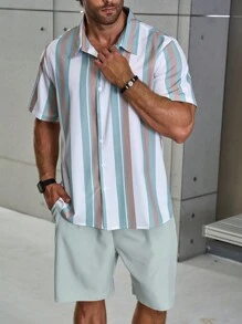 Manfinity Homme Men's Plus Size Summer Casual Striped Short Sleeve Shirt And Solid Color Shorts Set - Mint Green - View 5