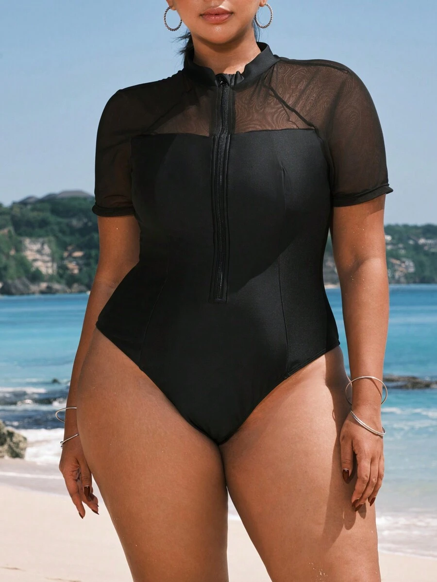Swim SPRTY Plus Size Women's Simple Solid Color Short Sleeve Zip-Up Surfing Suit Summer - Black - View 1